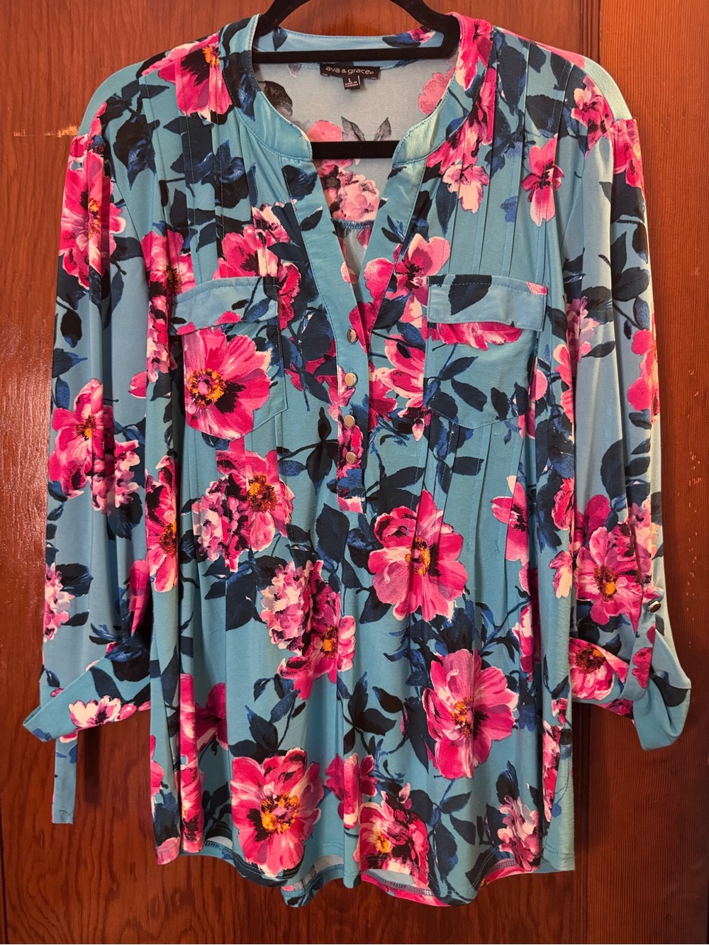 Ava & Grace Turquoise Floral Buttoned Split-Neck Tunic with Fuchsia Blooms